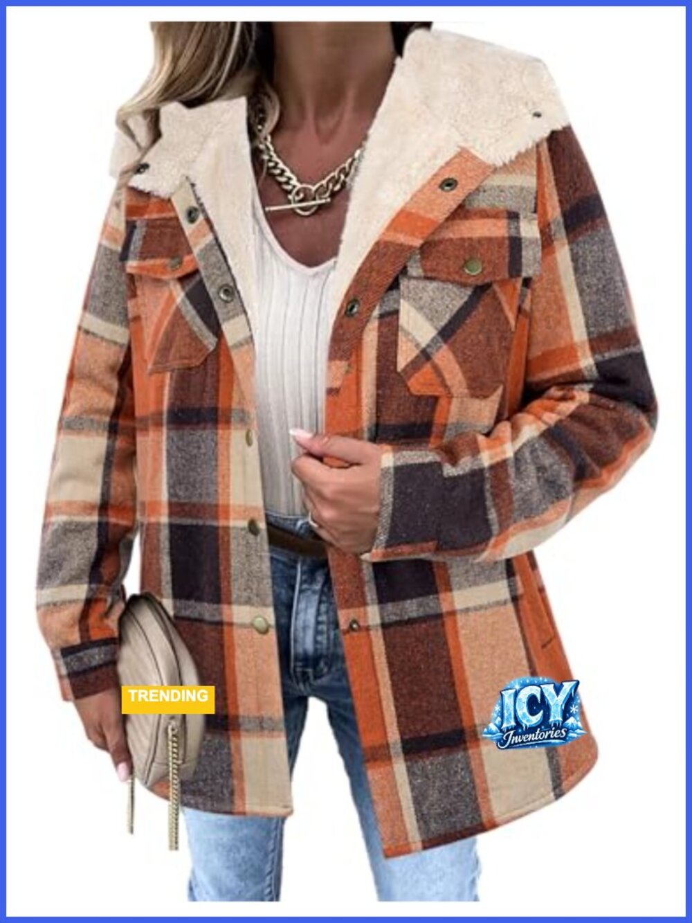Sherpa Lined Plaid Shacket Hooded Button Front Oversized Warm Coat